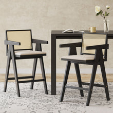 Load image into Gallery viewer, Woven Cane Plastic Backrest Bar Stool Foam Padded Fabric Seat & Durable Rubberwood Frame - Cream Gray
