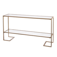 Load image into Gallery viewer, Glass Mirrored Sled Console Table With Shelves - Clear / Gold