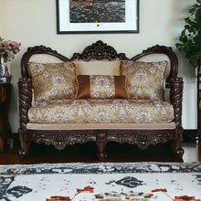 Load image into Gallery viewer, Polyester Blend Damask Chesterfield Loveseat And Toss Pillows - Cream / Brown