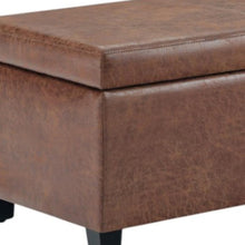 Load image into Gallery viewer, 48" Umber and Dark Brown Faux Leather and Solid Wood Upholstered Distressed Storage Bench With Flip Top