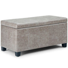 Load image into Gallery viewer, 36" Gray and Dark Brown Faux Leather and Solid Wood Upholstered Distressed Storage Bench With Flip Top