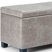 Load image into Gallery viewer, 36" Gray and Dark Brown Faux Leather and Solid Wood Upholstered Distressed Storage Bench With Flip Top