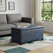 Load image into Gallery viewer, 36" Denim Blue and Dark Brown Faux Leather and Solid Wood Upholstered Storage Bench With Flip Top