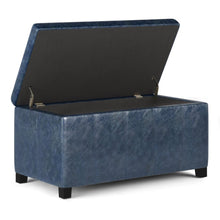 Load image into Gallery viewer, 36" Denim Blue and Dark Brown Faux Leather and Solid Wood Upholstered Storage Bench With Flip Top