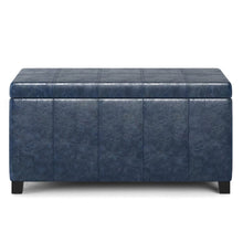 Load image into Gallery viewer, 36" Denim Blue and Dark Brown Faux Leather and Solid Wood Upholstered Storage Bench With Flip Top