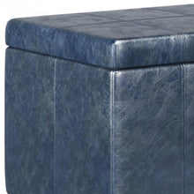 Load image into Gallery viewer, 36" Denim Blue and Dark Brown Faux Leather and Solid Wood Upholstered Storage Bench With Flip Top