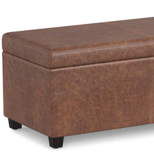 Load image into Gallery viewer, 54" Brown and Dark Brown Faux Leather and Solid Wood Upholstered Storage Bench With Flip Top