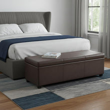 Load image into Gallery viewer, 54" Brown and Dark Brown Faux Leather and Solid Wood Upholstered Distressed Storage Bench With Flip Top