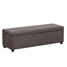 Load image into Gallery viewer, 54" Brown and Dark Brown Faux Leather and Solid Wood Upholstered Distressed Storage Bench With Flip Top
