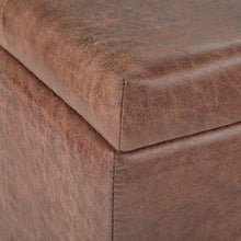 Load image into Gallery viewer, 36" Umber and Dark Brown Faux Leather and Solid Wood Upholstered Distressed Storage Bench With Flip Top