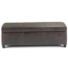 Load image into Gallery viewer, 48" Brown and Dark Brown Faux Leather and Solid Wood Upholstered Distressed Storage Bench With Flip Top