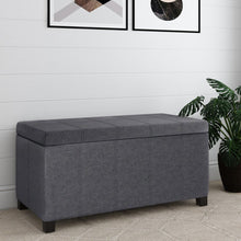 Load image into Gallery viewer, 36" Slate Gray and Dark Brown Linen and Solid Wood Upholstered Storage Bench With Flip Top