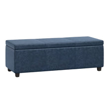 Load image into Gallery viewer, 48" Denim Blue and Dark Brown Faux Leather and Solid Wood Upholstered Storage Bench With Flip Top
