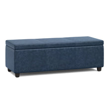 Load image into Gallery viewer, 48" Denim Blue and Dark Brown Faux Leather and Solid Wood Upholstered Storage Bench With Flip Top