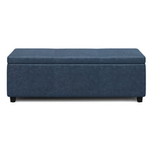 Load image into Gallery viewer, 48" Denim Blue and Dark Brown Faux Leather and Solid Wood Upholstered Storage Bench With Flip Top