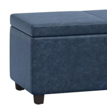Load image into Gallery viewer, 48" Denim Blue and Dark Brown Faux Leather and Solid Wood Upholstered Storage Bench With Flip Top