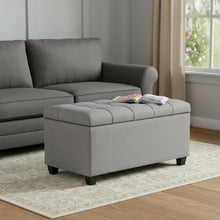Load image into Gallery viewer, 33" Gray and Espresso Tufted Linen and Solid Wood Upholstered Storage Bench With Flip Top