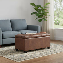 Load image into Gallery viewer, 33" Brown and Espresso Tufted Faux Leather and Solid Wood Upholstered Storage Bench With Flip Top
