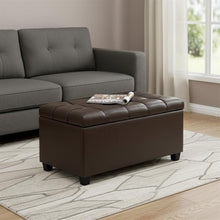 Load image into Gallery viewer, 33" Chocolate and Espresso Tufted Faux Leather and Solid Wood Upholstered Storage Bench With Flip Top