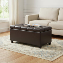 Load image into Gallery viewer, 33" Brown and Espresso Tufted Faux Leather and Solid Wood Upholstered Storage Bench With Flip Top