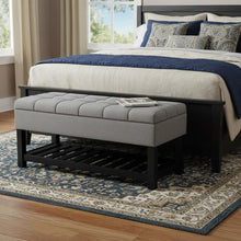 Load image into Gallery viewer, 43" Gray and Espresso Tufted Linen Blend and Solid Wood Upholstered Storage Bench With Flip Top And Shelves