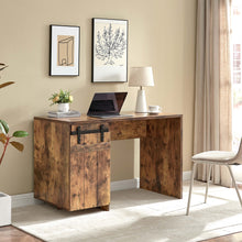 Load image into Gallery viewer, Home Office Desk One Cabinet Three Shelves Faux Barn Door On Metal Euro Hinges Modesty Panel - Distressed Wood