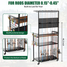 Load image into Gallery viewer, Fishing Rod Storage Rack With Pegboard, Rolling Tackle Organizer Cart - Black