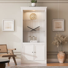 Load image into Gallery viewer, Retro Style Display Bookcase With Adjustable LED Ceiling Light And Tempered Glass Shelves - White