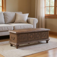 Load image into Gallery viewer, 54" Solid Wood Medallion Storage Ottoman - Brown