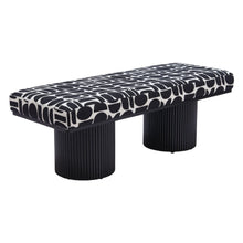 Load image into Gallery viewer, 49" Black And White Geometric Fabric and Solid Wood Upholstered Bench