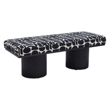 Load image into Gallery viewer, 49" Black And White Geometric Fabric and Solid Wood Upholstered Bench