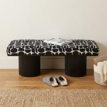Load image into Gallery viewer, 49" Black And White Geometric Fabric and Solid Wood Upholstered Bench