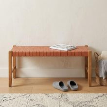 Load image into Gallery viewer, 48" Tan and Brown Genuine Leather and Solid Wood Upholstered Dining Bench