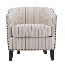 Load image into Gallery viewer, Transitional Upholstered Stripe Barrel Chair With Birch Wood Legs And Plush Cushioned Seat - Beige / Blue Stripe
