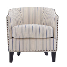 Load image into Gallery viewer, Transitional Upholstered Stripe Barrel Chair With Birch Wood Legs And Plush Cushioned Seat - Beige / Blue Stripe