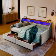 Load image into Gallery viewer, Twin Upholstered Sofa Bed With LED Lights, Storage Drawers, Adjustable Headboard & Wireless Charging - Beige