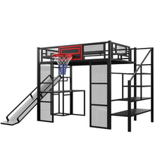 Load image into Gallery viewer, Loft Bed With Built In Desk, Open Wardrobe, Basketball Hoop, Slide And Staircase