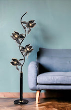 Load image into Gallery viewer, Four Light Floral Floor Lamp With Black And Gold Glass Shades - Black