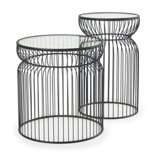 Load image into Gallery viewer, Tempered Glass Metal Wire Round Drum End Tables (Set of 2) - Clear / Black
