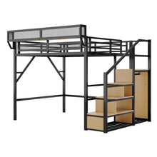 Load image into Gallery viewer, Queen Size Loft Bed & Stairs, Storage Shelves, Wardrobe - Black / Wood