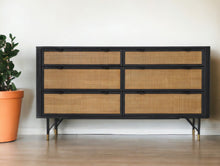 Load image into Gallery viewer, Solid Wood And Rattan Six Drawer Double Dresser - Natural / Black