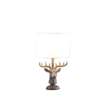 Load image into Gallery viewer, Stag Bust Table Lamp With White Drum Shade - Antiqued Bronzed