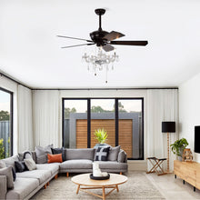 Load image into Gallery viewer, 52" Crystal Shade Ceiling Fan Lamp, 3 Speed, 4 Timing, 5 Reversible Blades Crystal Ceiling Fan, 5 Pieces X E12 (No Include Bulb), Hand Pull Chain - Matte Black