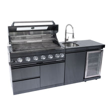 Load image into Gallery viewer, 6 Burner 85, 000 Btu Outdoor Kitchen Island Grill With Wine Cooler Refrigerator, Rotisserie Kit, Granite Countertops & Sink - Black