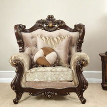 Load image into Gallery viewer, Fabric Damask Tufted Arm Chair And Toss Pillows - Beige And Brown