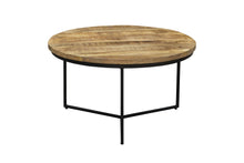Load image into Gallery viewer, 32" Solid Wood And Iron Round Distressed Cross Legs Coffee Table - Black And Natural
