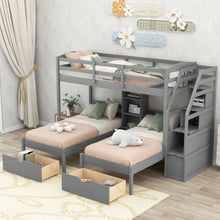 Load image into Gallery viewer, Twin Over Twin & Twin Bunk Bed With Drawers, Staircase Storage, Built In Shelves - Gray