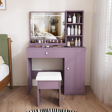 Load image into Gallery viewer, Vanity Desk Set With Padded Stool & Adjustable LED Mirror, 3 Color Mode Lighting, Compact For Bedroom - Purple