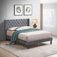 Load image into Gallery viewer, Queen Platform Tufted Upholstered Bed With Wings Design, Strong Wood Slat Support - Gray