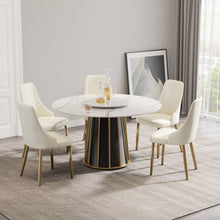 Load image into Gallery viewer, 53.15" Modern Artificial Stone Round Panel Metal Iron Base Dining Table, Can Accommodate 6 People-23.62" Artificial Stone Turntable (Not Including Chairs) - White / Black
